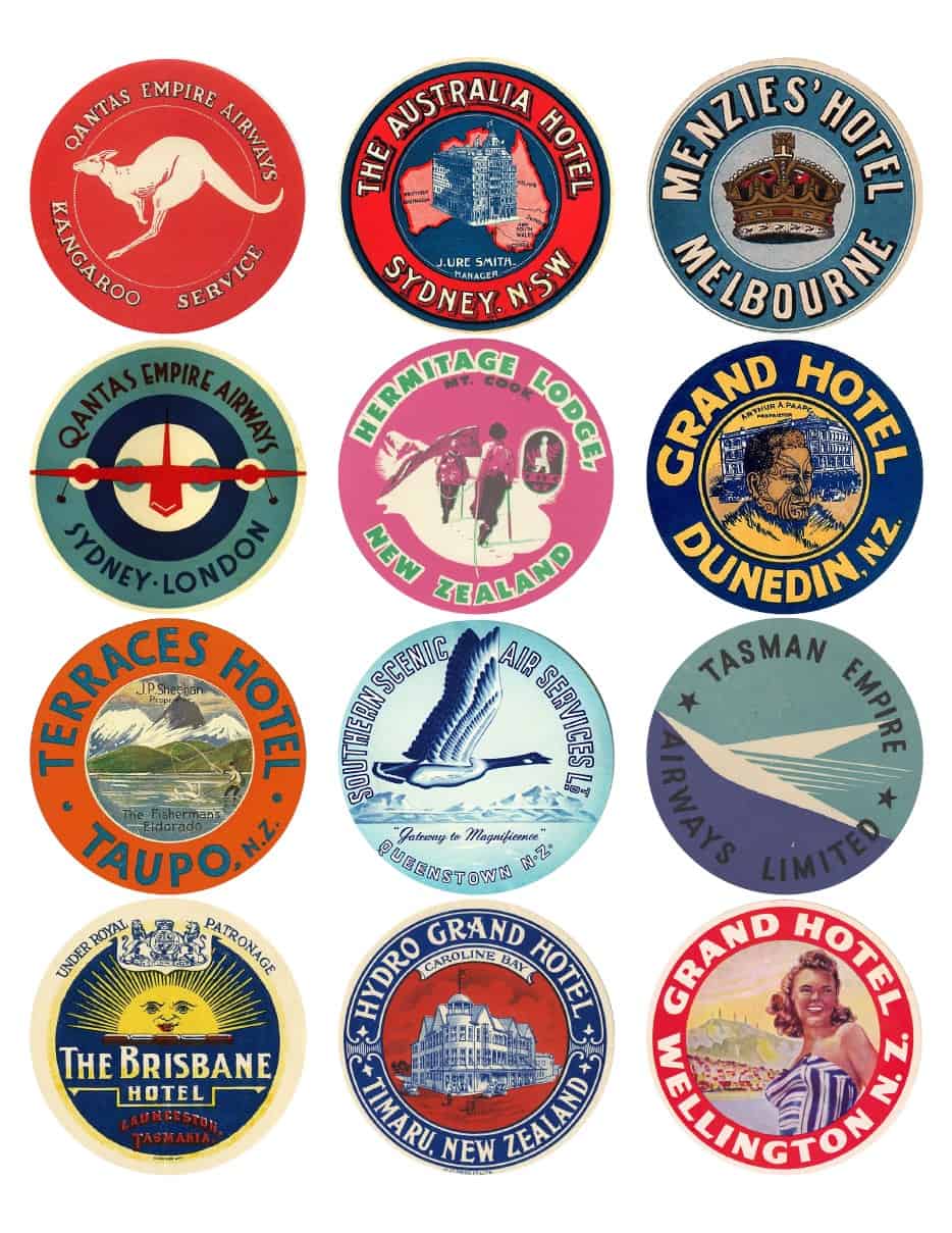 Vintage Travel Labels - Autralia, NZ, Tasmania