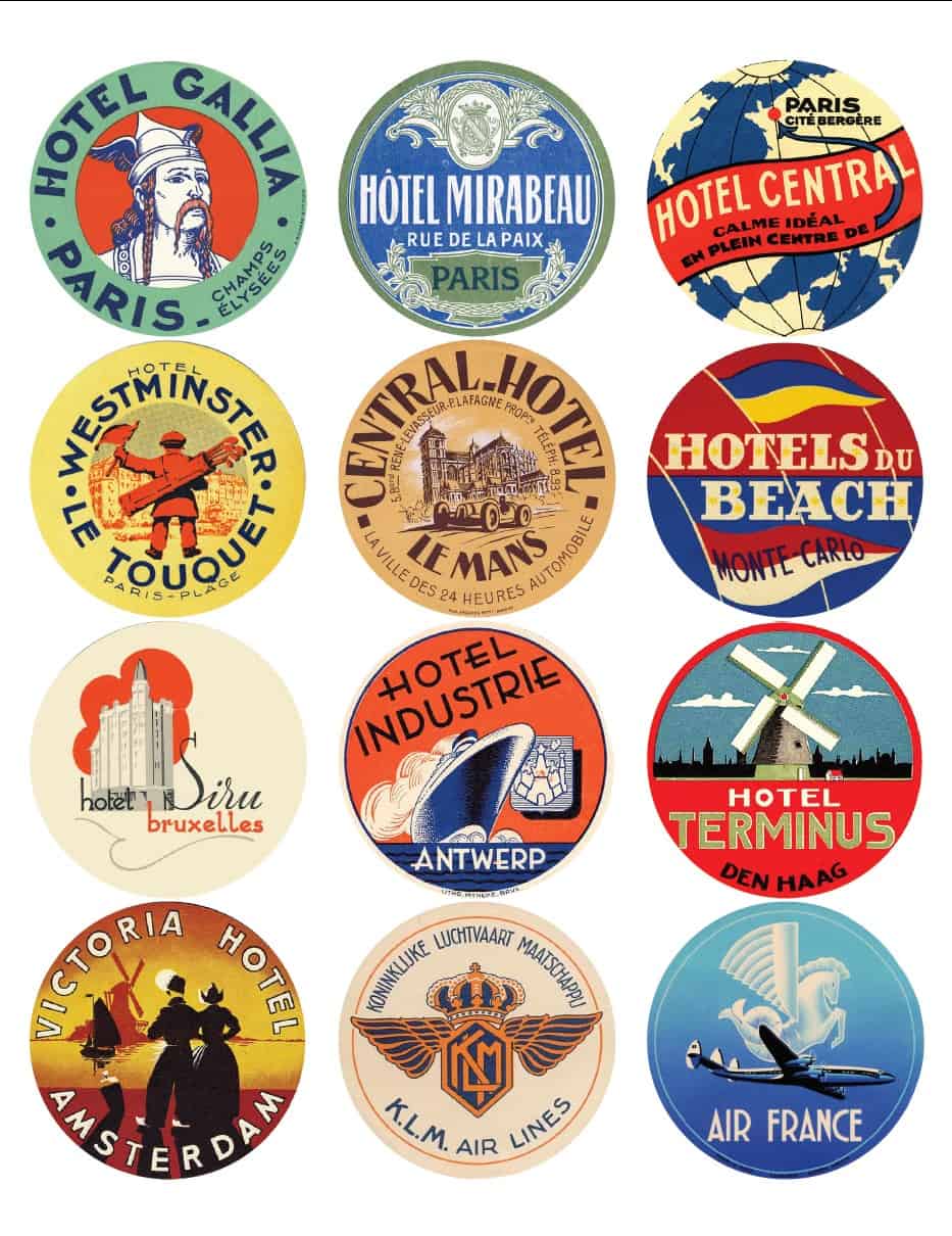 Vintage travel labels - France, Belgium, Netherlands