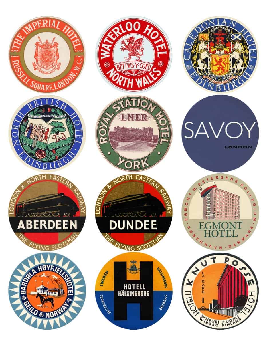 Vintage travel labels - UK, Scandinavia