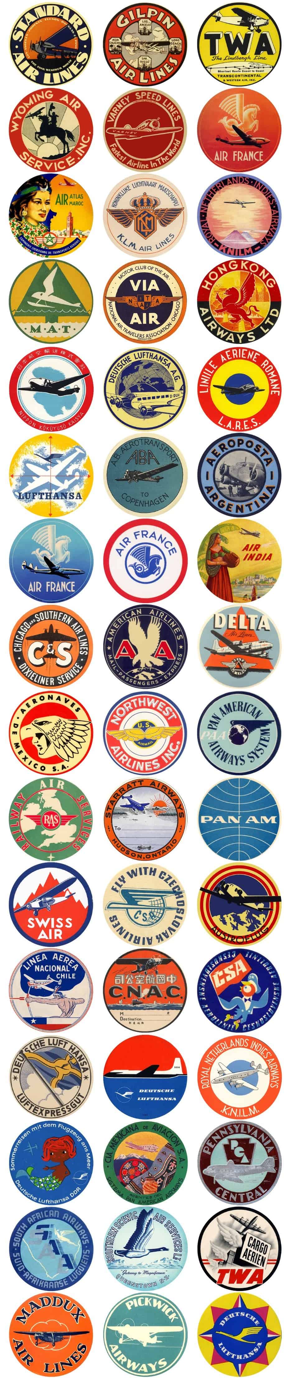 A mix of air transport and airlines vintage travel labels